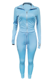Cyan Casual Solid Draw String Turndown Collar Long Sleeve Two Pieces