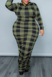 Yellow Casual Plaid Print Patchwork Hooded Collar One Step Skirt Plus Size Dresses