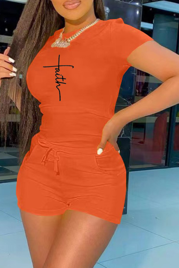 Orange Fashion Print Patchwork O Neck Short Sleeve Two Pieces