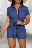 Baby Blue Casual Solid Patchwork Turndown Collar Straight Rompers