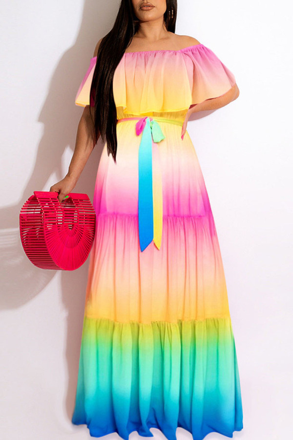 Colour Casual Sweet Print Patchwork Flounce Fold Off the Shoulder Straight Dresses
