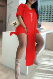Red Sexy Casual Print Patchwork Slit V Neck Short Sleeve Two Pieces