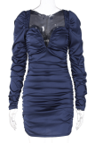 Blue Fashion Solid Fold V Neck Pencil Skirt Dresses