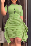 Green Fashion Print Tassel O Neck Pencil Skirt Dresses