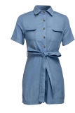 Baby Blue Casual Solid Patchwork Turndown Collar Straight Rompers