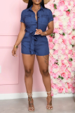 Baby Blue Casual Solid Patchwork Turndown Collar Straight Rompers