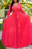 Rose Red Fashion Casual Solid Bandage V Neck Long Sleeve Dresses