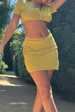 Yellow Fashion Solid Patchwork Turndown Collar Short Sleeve Two Pieces