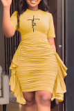 Yellow Fashion Print Tassel O Neck Pencil Skirt Dresses