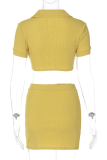 Yellow Fashion Solid Patchwork Turndown Collar Short Sleeve Two Pieces