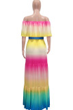 Colour Casual Sweet Print Patchwork Flounce Fold Off the Shoulder Straight Dresses