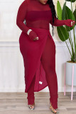 Rose Red Sexy Solid Patchwork See-through O Neck Long Sleeve Two Pieces