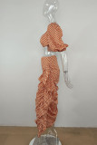 Tangerine Red Fashion Print Polka Dot Patchwork Flounce Fold Asymmetrical Square Collar Half Sleeve Two Pieces