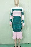 Green Casual Striped Print Patchwork O Neck Long Sleeve Two Pieces