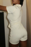 Cream White Casual Solid Patchwork Pocket Zipper Turndown Collar Regular Rompers