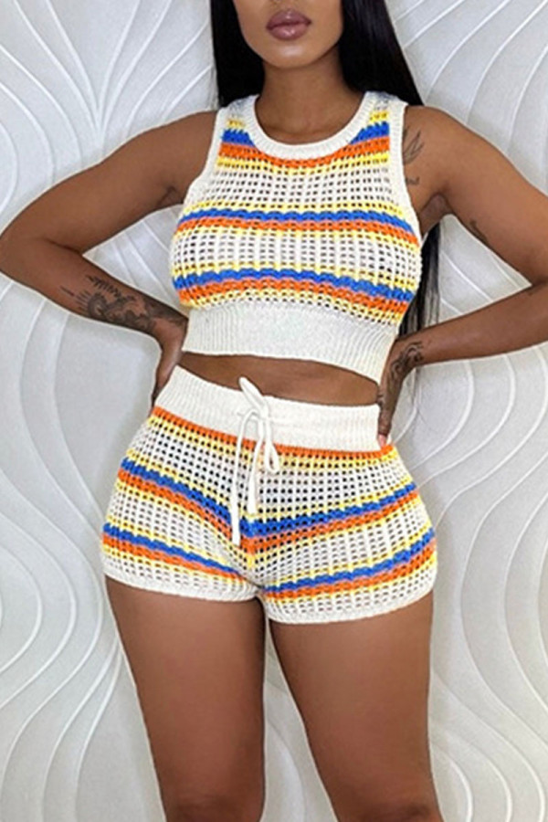 Yellow White Sexy Vacation Print Hollowed Out Patchwork O Neck Sleeveless Two Pieces