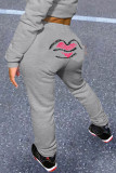 Grey Casual Print Lips Printed Embroidered Regular Mid Waist Pencil Bottoms