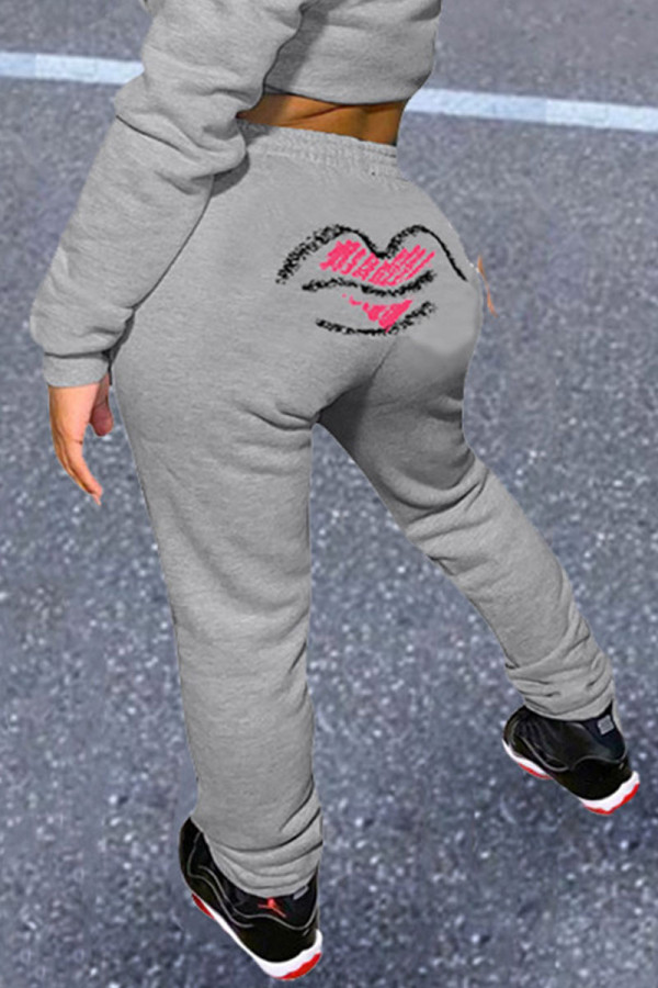 Grey Casual Print Lips Printed Embroidered Regular Mid Waist Pencil Bottoms