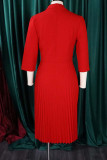 Red Casual Solid Patchwork Fold Turn-back Collar Straight Dresses