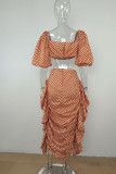 Tangerine Red Fashion Print Polka Dot Patchwork Flounce Fold Asymmetrical Square Collar Half Sleeve Two Pieces