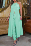 Green Fashion Casual Solid Bandage Backless Slit O Neck Sleeveless Two Pieces