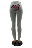 Grey Casual Print Lips Printed Embroidered Regular Mid Waist Pencil Bottoms