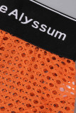 Tangerine Sexy Print Hollowed Out Patchwork Asymmetrical Zipper Collar Sleeveless Two Pieces