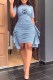 Sky Blue Fashion Casual Print Fold Letter O Neck One Step Skirt Dresses