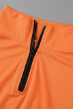 Tangerine Sexy Print Hollowed Out Patchwork Asymmetrical Zipper Collar Sleeveless Two Pieces