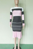 Black Casual Striped Print Patchwork O Neck Long Sleeve Two Pieces