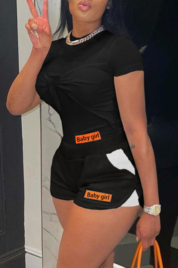 Black Fashion Casual Patchwork With Bow O Neck Short Sleeve Two Pieces