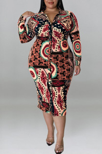 Burgundy Casual Print Patchwork Buckle Turndown Collar One Step Skirt Plus Size Dresses