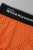 Tangerine Sexy Print Hollowed Out Patchwork Asymmetrical Zipper Collar Sleeveless Two Pieces