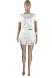 White Fashion Casual Patchwork With Bow O Neck Short Sleeve Two Pieces