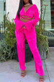 Pink Sexy Solid Bandage Patchwork V Neck Long Sleeve Two Pieces