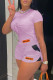 Light Purple Fashion Casual Patchwork With Bow O Neck Short Sleeve Two Pieces