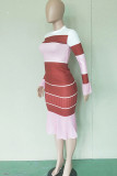 Red Casual Striped Print Patchwork O Neck Long Sleeve Two Pieces
