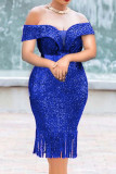 Blue Fashion Sexy Formal Patchwork Tassel Sequins Backless Off the Shoulder Evening Dress