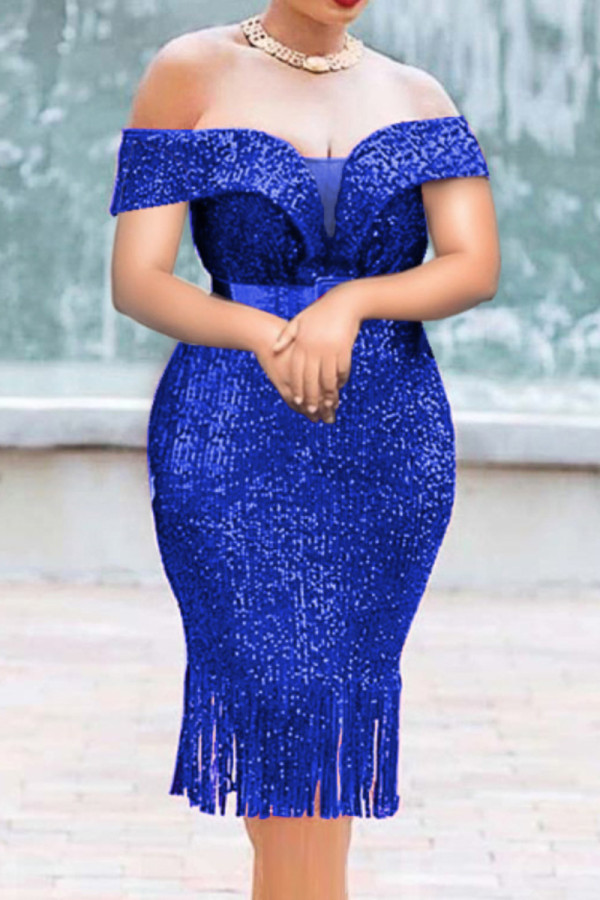 Blue Fashion Sexy Formal Patchwork Tassel Sequins Backless Off the Shoulder Evening Dress