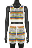 Yellow White Sexy Vacation Print Hollowed Out Patchwork O Neck Sleeveless Two Pieces