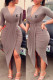 Grey Brown Fashion Sexy Print Letter V Neck Irregular Dress Dresses