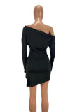 Black Fashion Casual Solid Patchwork Slit Off the Shoulder Long Sleeve Dresses