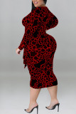 Apricot Sexy Print Leopard Patchwork V Neck One Step Skirt Plus Size Dresses