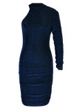 Blue Sexy Solid Patchwork Fold Oblique Collar Pencil Skirt Dresses