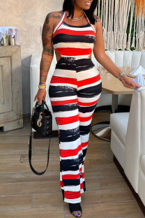 Red Sexy Striped Print Patchwork Backless Halter Straight Jumpsuits