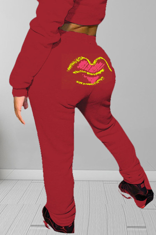 Wine Red Casual Print Lips Printed Embroidered Regular Mid Waist Pencil Bottoms