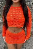 Tangerine Red Fashion Sexy Solid Hollowed Out See-through O Neck Long Sleeve Two Pieces