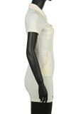Cream White Casual Solid Patchwork Pocket Zipper Turndown Collar Regular Rompers