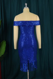 Blue Fashion Sexy Formal Patchwork Tassel Sequins Backless Off the Shoulder Evening Dress