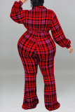 Red Casual Plaid Print Bandage Patchwork Turndown Collar Plus Size Jumpsuits
